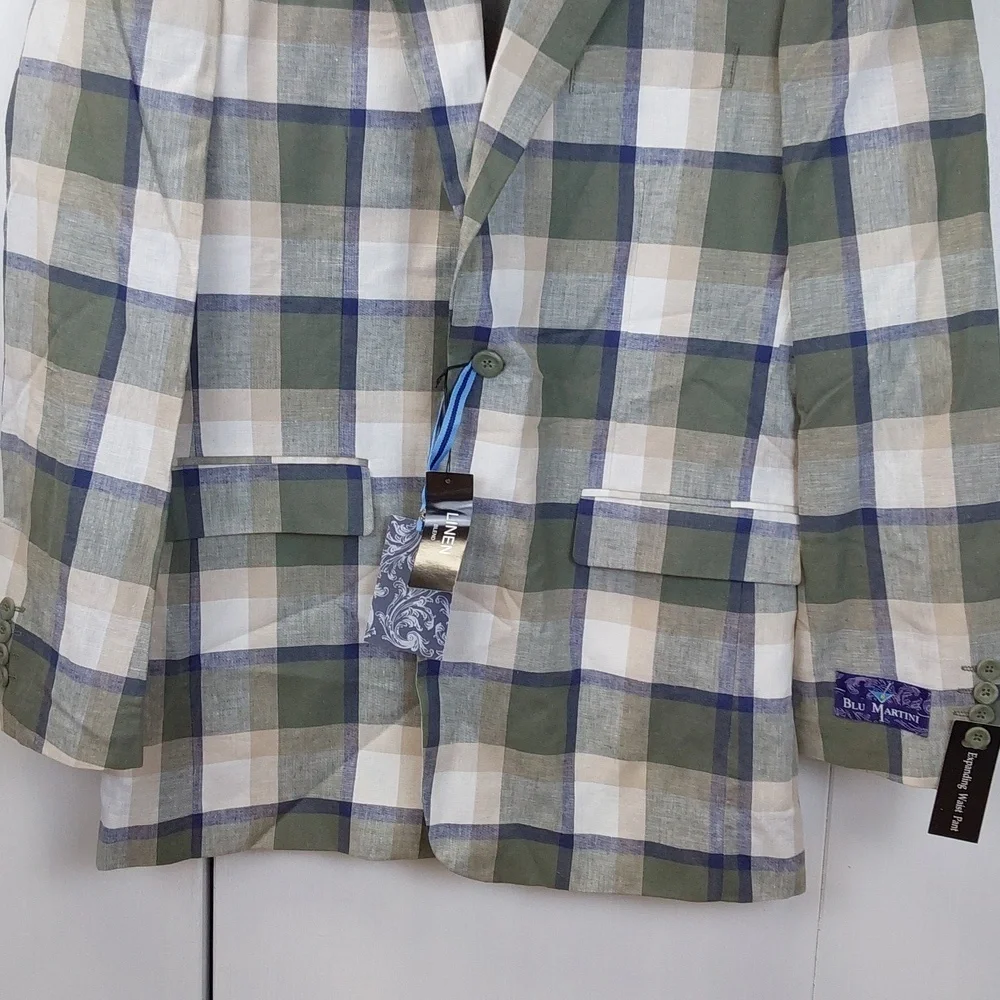 Blu Martini |Green/Tan Neutral Plaid Blazer Linen Sports Coat Preppy Sz.40L